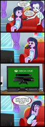 Size: 713x2000 | Tagged: safe, artist:madmax, edit, rarity, twilight sparkle, equestria girls, comic, exploitable meme, remote, tv meme, what's wrong with this place, xbox one