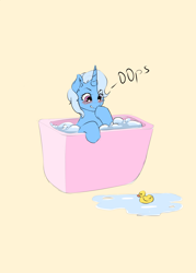 Size: 4000x5583 | Tagged: safe, artist:kittytitikitty, derpibooru import, trixie, pony, unicorn, 30 minute art challenge, bath, bathtub, blushing, cute, diatrixes, female, mare, oops, rubber duck, simple background, solo, water