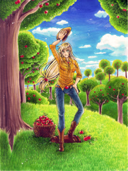 Size: 2123x2825 | Tagged: safe, artist:valen-larae, applejack, apple, apple tree, applejack's hat, boots, cloud, cloudy, cowboy boots, cowboy hat, food, grass, hat, humanized, scenery, sky, solo, sweet apple acres, traditional art, tree