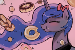 Size: 1125x750 | Tagged: safe, artist:lumineko, princess luna, alicorn, pony, 30 minute art challenge, blushing, bow, cute, donut, eating, eyes closed, female, hair bow, mare, solo, sweets, this will end in weight gain