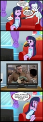 Size: 713x2000 | Tagged: safe, artist:madmax, edit, rarity, twilight sparkle, equestria girls, comic, exploitable meme, horse head book ends, student bodies, tv meme, what's wrong with this place