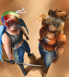 Size: 1068x1200 | Tagged: safe, artist:sundown, applejack, rainbow dash, humanized, katana, sword, weapon