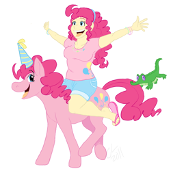 Size: 1200x1200 | Tagged: safe, artist:cartoonlion, gummy, pinkie pie, pony, human ponidox, humanized, riding