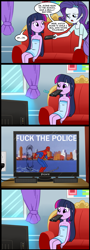 Size: 713x1981 | Tagged: safe, artist:madmax, edit, rarity, twilight sparkle, equestria girls, 60s spider-man, comic, exploitable meme, fuck the police, meme, spider-man, tv meme, vulgar, what's wrong with this place