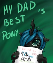 Size: 561x657 | Tagged: safe, artist:mr-samson, shining armor, oc, oc only, oc:amora, changeling, hybrid, nymph, pony, unicorn, cute, drawing, father's day, female, interspecies offspring, offspring, parent:queen chrysalis, parent:shining armor, parents:shining chrysalis, quadrupedal, solo