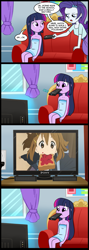 Size: 713x2000 | Tagged: safe, artist:madmax, edit, rarity, twilight sparkle, equestria girls, anime, comic, exploitable meme, hirasawa yui, k-on, mouth hold, remote, schoolgirl toast, toast, tv meme, what's wrong with this place