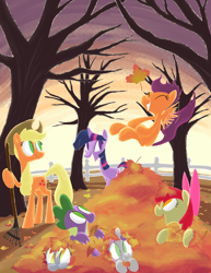 Size: 1148x1485 | Tagged: safe, artist:aliasforrent, derpibooru import, apple bloom, applejack, derpy hooves, scootaloo, spike, sweetie belle, twilight sparkle, dragon, earth pony, pegasus, pony, autumn, cute, cutie mark crusaders, female, leaf pile, leaves, mare