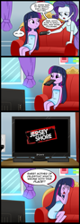 Size: 713x2000 | Tagged: safe, artist:madmax, edit, twilight sparkle, equestria girls, comic, exploitable meme, jersey shore, mouth hold, remote, tv meme, what's wrong with this place