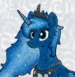 Size: 688x708 | Tagged: safe, artist:inkbleederwolf, princess luna, alicorn, pony, colored pencil drawing, cute, female, flowing mane, fluffy, frown, mare, messy mane, moon, portrait, solo, traditional art