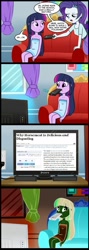 Size: 712x2000 | Tagged: safe, artist:madmax, edit, rarity, twilight sparkle, equestria girls, comic, exploitable meme, horse meat, mouth hold, paradox, pony (sony), television, towel, tv meme, what's wrong with this place