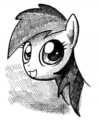 Size: 1489x1828 | Tagged: safe, artist:smellslikebeer, rainbow dash, pegasus, pony, black and white, bust, crosshatch, grayscale, ink, looking at you, monochrome, open mouth, portrait, smiling, solo, traditional art