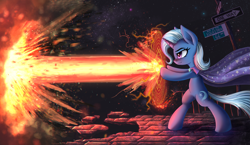 Size: 1997x1156 | Tagged: safe, derpibooru import, trixie, pony, unicorn, bipedal, blast, female, hatless, magic, magic blast, magic circle, mare, missing accessory, solo, street sign