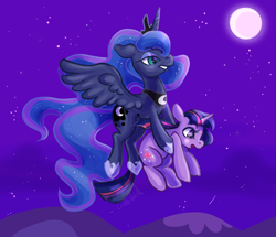 Size: 4074x3507 | Tagged: safe, artist:corelle-vairel, princess luna, twilight sparkle, alicorn, pony, floppy ears, flying, holding a pony, moon, night