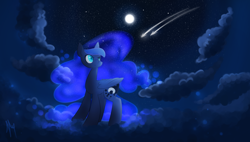 Size: 1024x580 | Tagged: safe, artist:sallylapone, princess luna, alicorn, pony, cloud, cloudy, moon, night, shooting star, solo