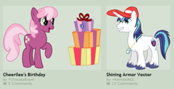 Size: 535x277 | Tagged: safe, cheerilee, shining armor, pony, unicorn, birthday, cap, cutie mark crusaders, deviantart, exploitable meme, female, hat, juxtaposition, juxtaposition win, male, present, shipping, straight, whistle