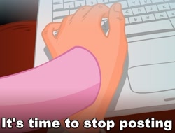 Size: 600x457 | Tagged: safe, pinkie pie, human, computer, hand, hooves, image macro, internet, it's time to stop posting, keyboard, laptop computer, posting
