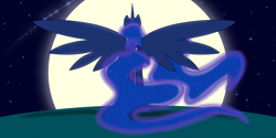 Size: 4000x2000 | Tagged: safe, artist:alicornoverlord, princess luna, alicorn, pony, moon, night, rear view, solo, spread wings