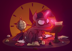 Size: 1280x917 | Tagged: safe, artist:capnpea, derpibooru import, twilight sparkle, book, coffee, cookie, globe, glow, glowing horn, ink, solo, writing