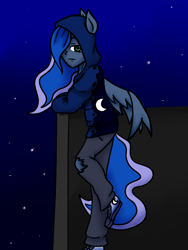 Size: 480x640 | Tagged: safe, artist:jadekettu, princess luna, anthro, clothes, converse, hoodie, human facial structure, night, shoes, solo