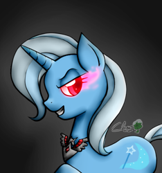 Size: 468x500 | Tagged: safe, artist:cloversinthesnow, derpibooru import, trixie, pony, unicorn, alicorn amulet, female, glowing eyes, gradient background, mare, solo