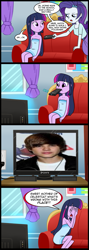 Size: 713x2000 | Tagged: safe, artist:madmax, edit, rarity, twilight sparkle, equestria girls, comic, exploitable meme, justin bieber, remote, tv meme, what's wrong with this place