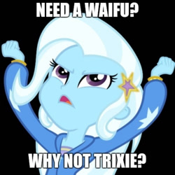 Size: 1024x1024 | Tagged: safe, derpibooru import, edit, trixie, equestria girls, black background, dialogue, female, futurama, great and powerful, image macro, meme, simple background, solo, text, trixie yells at everything, waifu, why not, why not zoidberg