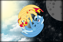 Size: 1024x683 | Tagged: safe, artist:chibinekogirl102, derpibooru import, sunset shimmer, trixie, alicorn, pony, alicornified, base used, female, full moon, lesbian, moon, race swap, shimmercorn, shipping, split screen, suntrix, trixiecorn