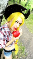 Size: 454x807 | Tagged: safe, artist:freia-raven, applejack, human, bellyring, cosplay, irl, irl human, midriff, obligatory apple, photo, russian, solo