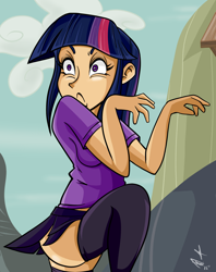 Size: 1800x2275 | Tagged: safe, artist:frankaraya, twilight sparkle, twilight sparkle (alicorn), alicorn, human, clothes, cloud, faic, frown, humanized, miniskirt, scene interpretation, schrödinger's pantsu, shirt, shut up twilight, sideass, skirt, sky, socks, solo, thigh highs, wide eyes