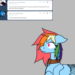 Size: 900x900 | Tagged: safe, rainbow dash, pegasus, pony, askblinddash, blue coat, collar, female, leash, mare, multicolored mane, solo