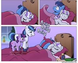 Size: 1200x972 | Tagged: safe, artist:muffinshire, night light, shining armor, twilight sparkle, twilight velvet, pony, unicorn, comic:twilight's first day, bed, bouncing, cropped, cute, facehoof, filly, morning, pronking, shining adorable, twiabetes, younger