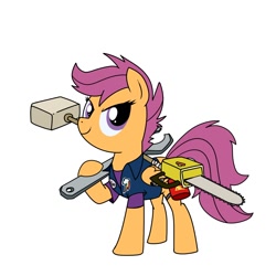 Size: 1500x1500 | Tagged: safe, artist:madmax, scootaloo, pony, blowtorch, chainsaw, clothes, dead rising, dead rising 3, hammer, parody, rainbow dash's cutie mark, sledgehammer, solo, wrench