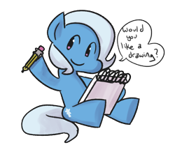 Size: 1200x1011 | Tagged: dead source, safe, artist:fauxsquared, derpibooru import, trixie, earth pony, pony, commission, dialogue, earth pony trixie, hoof hold, notebook, pencil, race swap, simple background, smiling, solo, speech bubble, transparent background, tumblr blog
