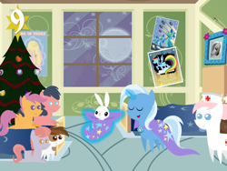 Size: 1024x768 | Tagged: safe, artist:bronybyexception, derpibooru import, angel bunny, nurse redheart, pipsqueak, scootaloo, trixie, pony, rabbit, unicorn, advent calendar, bed, bunny out of the hat, christmas, christmas tree, female, hang in there, hanging, holiday, magic show, magic trick, mare, moon, orphan, orphanage, pointy ponies, poster, tree, wonderbolts poster