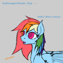 Size: 900x900 | Tagged: safe, rainbow dash, pegasus, pony, askblinddash, dialogue, female, gray background, mare, open mouth, simple background