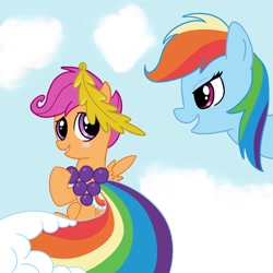 Size: 1000x1000 | Tagged: safe, artist:madmax, rainbow dash, scootaloo, pegasus, pony, clothes, dress, dressup, gala dress