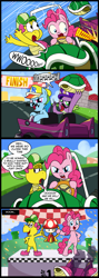 Size: 713x2000 | Tagged: safe, artist:madmax, pinkie pie, rainbow dash, spike, dragon, earth pony, pegasus, pony, award, car, comic, crossover, dialogue, driving, koopa shell, kylie koopa, mario kart, mario kart double dash, mousdash, moustache, nudity, super mario bros., trophy, waluigi's hat, wario's hat, wawa