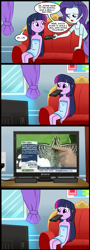 Size: 713x1981 | Tagged: safe, artist:madmax, edit, rarity, twilight sparkle, moth, equestria girls, comic, exploitable meme, meme, remote, tv meme, what's wrong with this place