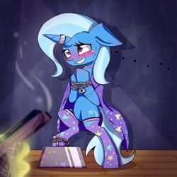 Size: 1861x1861 | Tagged: safe, artist:lixthefork, derpibooru import, sunburst, trixie, pony, unicorn, bipedal, blushing, bondage, chains, clothes, escape act, female, gun, horn ring, implied sunburst, levitation, magic, magic suppression, magic trick, male, maledom, mare, socks, solo, standing, telekinesis, the weak and powerless trixie, this will end in death, this will end in tears and/or death, weapon