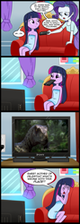 Size: 713x2000 | Tagged: safe, artist:madmax, edit, rarity, twilight sparkle, dinosaur, equestria girls, alpha (jurassic park 3), comic, exploitable meme, jurassic park 3, meme, mother of celestia, mouth hold, pony (sony), remote, sony, television, towel, tv meme, what's wrong with this place