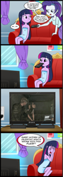 Size: 712x1998 | Tagged: safe, artist:madmax, edit, rarity, twilight sparkle, equestria girls, comic, exploitable meme, meme, mother of celestia, mouth hold, pony (sony), remote, resident evil 6, television, towel, tv meme, what's wrong with this place