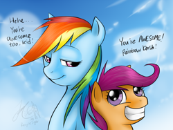 Size: 1024x768 | Tagged: safe, artist:cat-cly, rainbow dash, scootaloo, pegasus, pony, duo, scootalove