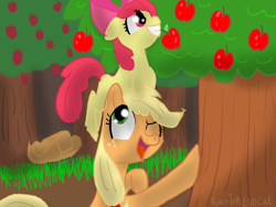 Size: 1024x768 | Tagged: safe, artist:robintehevocat, apple bloom, applejack, earth pony, pony, apple, apple tree, female, filly, food, mare, one eye closed, tree