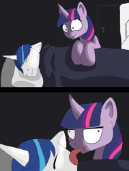 Size: 1038x1373 | Tagged: safe, artist:ambrosiakitsune, shining armor, twilight sparkle, pony, unicorn, friendship is witchcraft, derp, female, francis sparkle, incest, licking, male, me gusta, not creepy, not incest, shiningsparkle, shipping, sleeping, straight