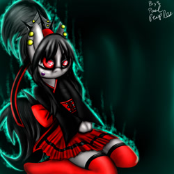 Size: 1280x1280 | Tagged: safe, artist:paulpeopless, oc, oc only, oc:paulpeoples, anthro, :o, arm hooves, clothes, cute, ear piercing, glow, goth, gothic, japan, kneeling, looking at you, piercing, red eyes, sidemouth, skirt, socks, solo, thigh highs, wa-loli