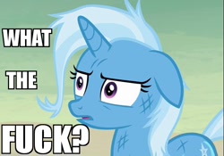 Size: 643x450 | Tagged: safe, derpibooru import, edit, edited screencap, screencap, trixie, pony, unicorn, road to friendship, 4chan, angry, confused, disgusted, eyelashes, female, furrowed brow, great and powerful, image macro, mare, meme, reaction image, scratches, trixie yells at everything, vulgar, what the fuck is this shit