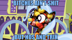 Size: 1824x1026 | Tagged: safe, artist:dwk, derpibooru import, edit, edited screencap, screencap, trixie, pony, unicorn, road to friendship, bitches ain't shit, cereal, dr. dre, female, food, image macro, mare, meme, solo, song reference, totally legit recap, trix, trixie's wagon, vulgar, youtube link