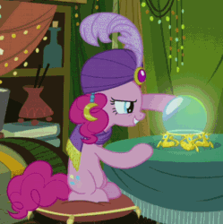 Size: 433x435 | Tagged: safe, screencap, pinkie pie, earth pony, pony, it's about time, animated, cropped, crystal ball, fortune teller, loop, madame pinkie, solo, turban