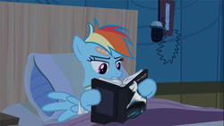 Size: 700x394 | Tagged: safe, edit, edited screencap, screencap, rainbow dash, pegasus, pony, read it and weep, bed, book, fifty shades of grey, lying down, reading