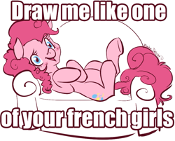 Size: 773x622 | Tagged: safe, artist:clovercoin, pinkie pie, earth pony, pony, crossover, draw me like one of your french girls, female, mare, on back, parody, solo, titanic